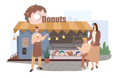 Donut mağazası web sitesi konsepti. Anne ve kızı marketten taze tatlı alıyor. Pasta şefi ürünlerini satıyor. İnsanların sahneleri tasvir ediyor. Düz dizayndaki karakterlerin vektör illüstrasyonu