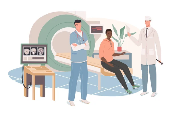 Medisch kantoor web concept. Dokter en verpleegster in MRI kamer onderzoeken zieke vrouw patiënt. Medische kliniek diagnose en behandeling. Een sjabloon voor mensen. Vector illustratie van karakters in plat ontwerp — Stockvector