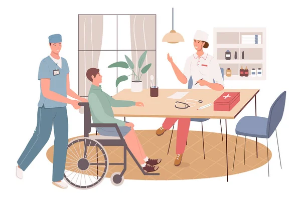 Medisch kantoor web concept. Gehandicapte bij doktersafspraak. Verpleegster helpt gehandicapten. Behandeling, rehabilitatie. Een sjabloon voor mensen. Vector illustratie van karakters in plat ontwerp — Stockvector