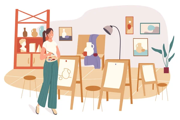 Σχολική ιδέα ιστού. Γυναίκα ζωγραφίζει σε στούντιο τέχνης. Σπουδές φοιτητών στο μάθημα στην τάξη. Επαγγελματική εκπαίδευση τέχνης. Άνθρωποι σκηνικά πρότυπο. Εικονογράφηση διανύσματος χαρακτήρων σε επίπεδη σχεδίαση — Διανυσματικό Αρχείο