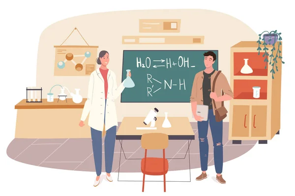 School web concept. Student learns chemistry at classroom. Teacher teaching subject in lesson at class. Science and education. People scenes template. Vector illustration of characters in flat design — Stock Vector