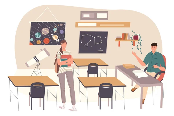 Concepto web escolar. El estudiante aprende astronomía en el aula. Profesora impartiendo asignatura en clase. Ciencia y educación. Plantilla escenas de personas. Ilustración vectorial de personajes en diseño plano — Vector de stock