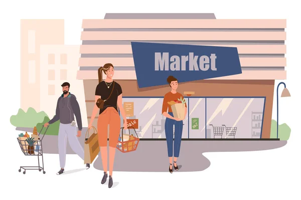 Market Shop Building Web-Konzept. Kunden, die im Supermarkt einkaufen, Lebensmittel kaufen, legen ihre Einkäufe in Einkaufswagen und Körbe. Szenen aus dem Leben. Vektorillustration von Zeichen in flachem Design — Stockvektor