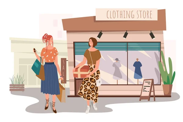 衣料品店の建物のウェブコンセプト。2人の女性がブティックでスタイリッシュな服を買う。女の子の友達が集まって買い物をする。人々のシーンテンプレート。平面デザインにおけるキャラクターのベクトルイラスト — ストックベクタ