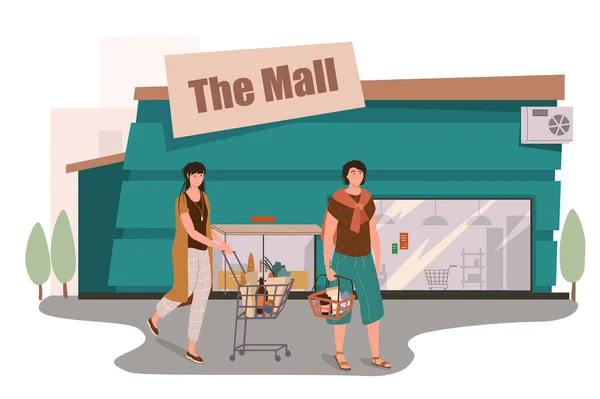 Mall store building web concept Клиенты делают покупки в супермаркете, покупают еду, ходят с тележками и корзинами рядом с магазином. Шаблон сцены. Векторная иллюстрация символов в плоском дизайне — стоковый вектор