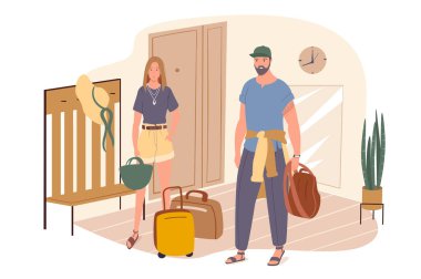 Yaz yolculuğu web konsepti. Bavullu çift koridorda durup tatile çıkıyorlar. Erkek ve kadın tatil köyüne beraber giderler. İnsanların sahneleri tasvir ediyor. Düz dizayndaki karakterlerin vektör illüstrasyonu