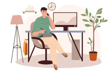 Ofis işyeri web konsepti. Grafik tabletinde çalışan bir adam dekoru olan bir sandalyede oturuyor. Serbest çalışan ya da uzaktan çalışan. İnsanların sahneleri tasvir ediyor. Düz dizayndaki karakterlerin vektör illüstrasyonu