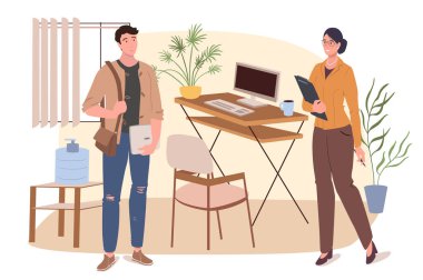 İşyeri web konsepti. Ofisteki çalışanlar birlikte. Erkek ve kadın meslektaşlar bilgisayar ve su soğutucusuyla masanın yanında duruyorlar. İnsanların sahneleri tasvir ediyor. Düz dizayndaki karakterlerin vektör illüstrasyonu