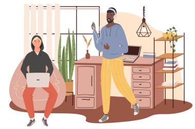 İşyeri web konsepti. Ofiste çalışan toplantısı var. Adam dizüstü bilgisayarda çalışıyor koltuk çantasında oturuyor ya da molada müzik dinliyor. İnsanların sahneleri tasvir ediyor. Düz dizayndaki karakterlerin vektör illüstrasyonu