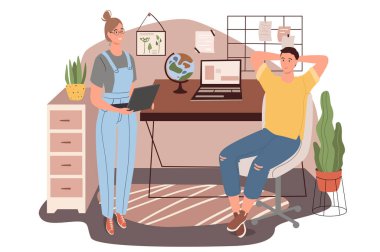 İşyeri web konsepti. Ofisteki çalışanlar. Masasında bilgisayarla oturan bir adam, laptoplu bir kadın iş arkadaşıyla konuşuyor. İnsanların sahneleri tasvir ediyor. Düz dizayndaki karakterlerin vektör illüstrasyonu