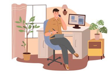 İşyeri web konsepti. Adam grafik tablet üzerinde çalışıyor ve arama yapıyor. Dekor ve bitkilerle aynı odada oturan bir iş adamı. İnsanların sahneleri tasvir ediyor. Düz dizayndaki karakterlerin vektör illüstrasyonu