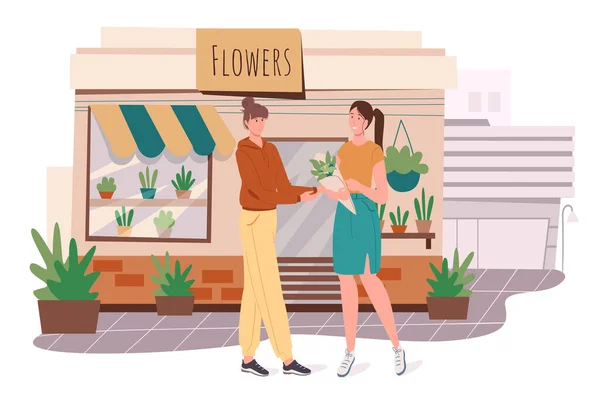 Flower shop costruzione web concept. Una donna compra fiori al negozio. Fiorista fa bouquet di piante da fiore e la vendita al cliente. Modello di scene di persone. Illustrazione vettoriale dei personaggi in design piatto — Vettoriale Stock