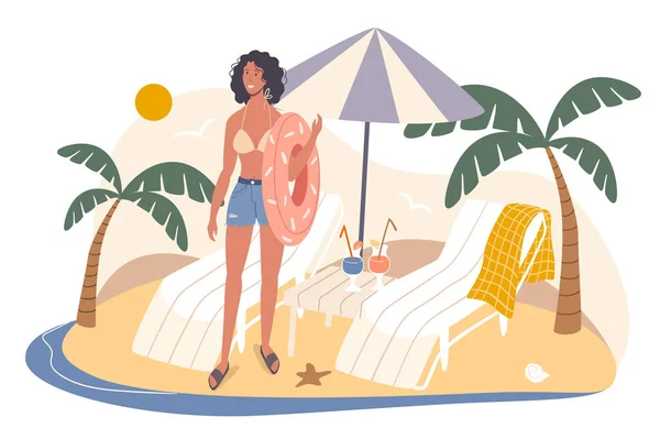 夏の旅行のウェブの概念。女性は海岸で、ゴムリングを保持休んでいる。若い女の子は傘の下でサンラウンジャーの近くに立っている。人々のシーンテンプレート。平面デザインにおけるキャラクターのベクトルイラスト — ストックベクタ