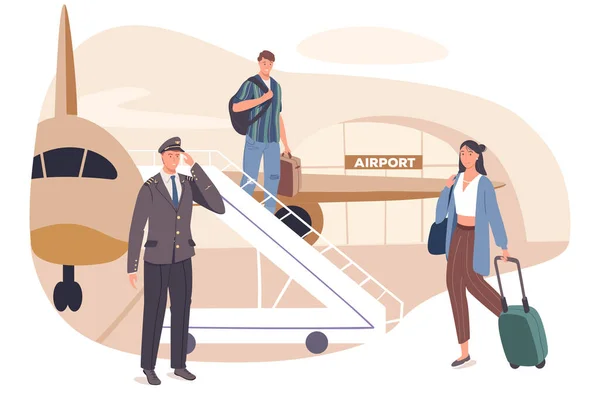 Concepto web de viajes de verano. Los pasajeros con maletas bajan por el avión escalera. Hombre y mujer llegada al complejo de vacaciones. Plantilla escenas de personas. Ilustración vectorial de personajes en diseño plano — Vector de stock