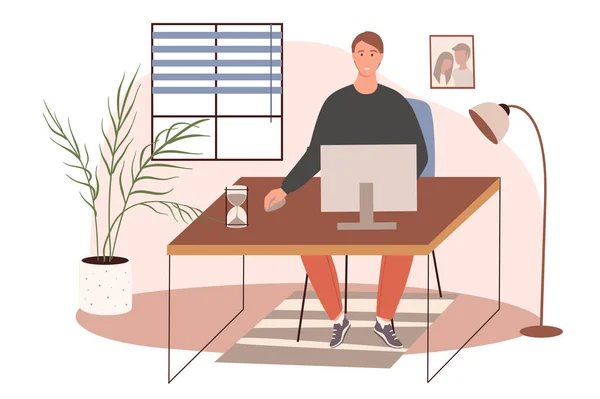 Conceito de escritório web local de trabalho. Homem trabalhando no computador sentado na mesa em quarto acolhedor com decoração. Freelancer ou trabalhador remoto. Modelo de cenas de pessoas. Ilustração vetorial de personagens em design plano — Vetor de Stock