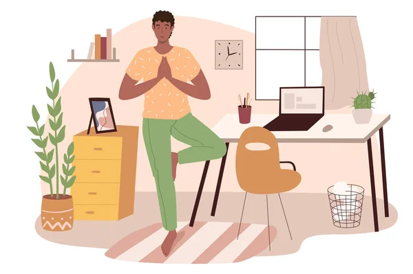 İşyeri web konsepti. Ofiste yoga yapan bir adam. Dekor ve bitkilerle aynı odada egzersiz yapan serbest çalışan ya da uzaktan çalışan bir işçi. İnsanların sahneleri tasvir ediyor. Düz dizayndaki karakterlerin vektör illüstrasyonu