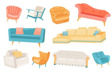 Modern iç dekorasyon için mobilyalar izole edilmiş şirin elementler. Farklı tipte yastıklı koltuk ve kanepe koleksiyonu. Daire için şık tasarım. Düz çizgi film tasarımında vektör illüstrasyonu
