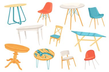 Modern iç dekorasyon için mobilyalar izole edilmiş şirin elementler. Sandalye ve masa koleksiyonu. Daireler, ev ya da ofis, restoran ya da kafe için şık tasarım. Düz çizgi film tasarımında vektör illüstrasyonu