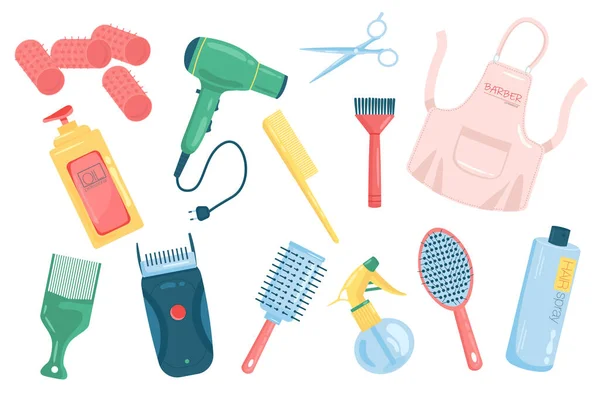 Barbershop accessories cute elements isolated set. Collection of curlers, hairdryer, comb, apron, shampoo, razor, cosmetics for styling, hairdresser tools. Vector illustration in flat cartoon design — Stock Vector