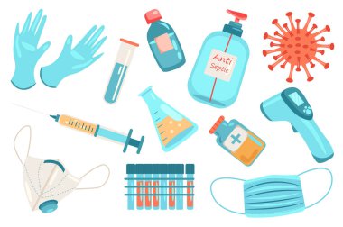Coronavirüs elementleri izole edildi. Tıbbi maske ve solunum cihazı koleksiyonu, eldivenler, termometre, şırınga ve aşı, test kiti, antiseptik, laboratuvar ekipmanları. Düz çizgi film tasarımında vektör illüstrasyonu
