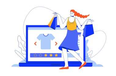 İnternetten alışveriş sitesi konsepti. Kadın müşteri kıyafet alıyor ve internetteki mağaza sitesinden mal seçiyor. Bloglar, uygulama tasarımı, bindirme ekranı, sosyal medya için minimal düz tasarım vektör illüstrasyonu