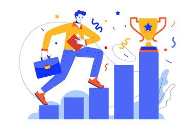 İş başarısı web konsepti. İş adamı kariyer hedefleri, liderlik, ilerleme ve kalkınma elde eder. Bloglar, uygulama tasarımı, bindirme ekranı, sosyal medya için minimal düz tasarım vektör illüstrasyonu