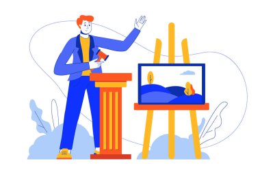 Açık arttırma işi web konsepti. Çekiçli bir müzayedeci resim satıyor, sanat eseri için teklif veriyor. Bloglar, uygulama tasarımı, bindirme ekranı, sosyal medya için minimal düz tasarım vektör illüstrasyonu