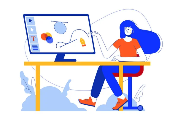 Conceito web estúdio de design. O ilustrador de desenhista de mulher trabalha no computador, desenhando elementos gráficos. Ilustração vetorial em design plano mínimo para blog, design de aplicativos, tela de onboarding, mídia social —  Vetores de Stock