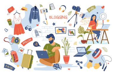 Bloglama kavramı izole ögeler belirlendi. Kadın koleksiyonu kozmetik, erkek video, moda, seyahat ve spor blogları ve diğer şeyleri kaydediyor. Düz çizgi film tasarımında vektör illüstrasyonu