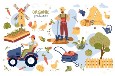 Organik üretim konsepti izole edilmiş elementler. Çiftçi hasat tahsilatı, traktör, değirmen, sebze bahçesi, saman, meyve, tavuk ve diğerleri. Düz çizgi film tasarımında vektör illüstrasyonu