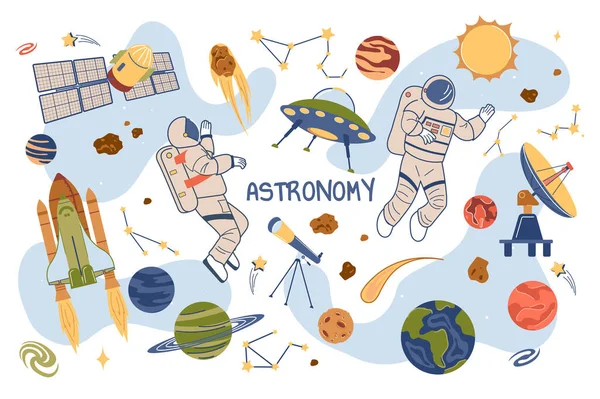 Astronomi kavramı izole elementler oluşturuldu. Uzayda, güneş sisteminde, gezegenlerde, uydularda, uzay gemilerinde, takımyıldızlarında ve diğer yerlerde astronot koleksiyonu. Düz çizgi film tasarımında vektör illüstrasyonu
