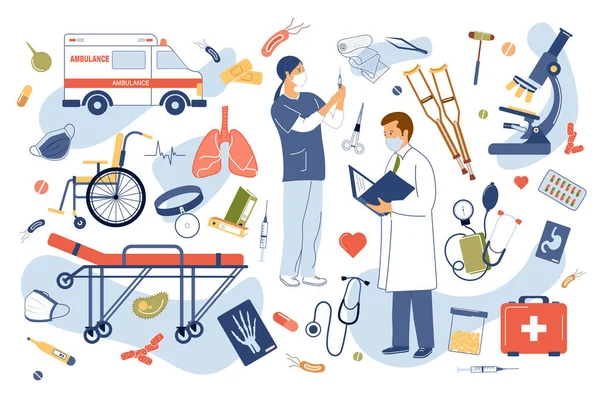 Tıbbi klinik kavramı izole edildi. Doktor teşhisleri, hemşire aşıları, ambulans, tekerlekli sandalye, mikroskop, ilk yardım çantası ve diğerleri. Düz çizgi film tasarımında vektör illüstrasyonu