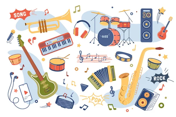 Musikinstrumente haben isolierte Elemente. Sammlung von Songkreationen, Gitarren, Schlagzeug, Saxophon, Keyboards, Trompete, Kopfhörer, Akkordeon und andere. Vektorillustration im flachen Cartoon-Design — Stockvektor