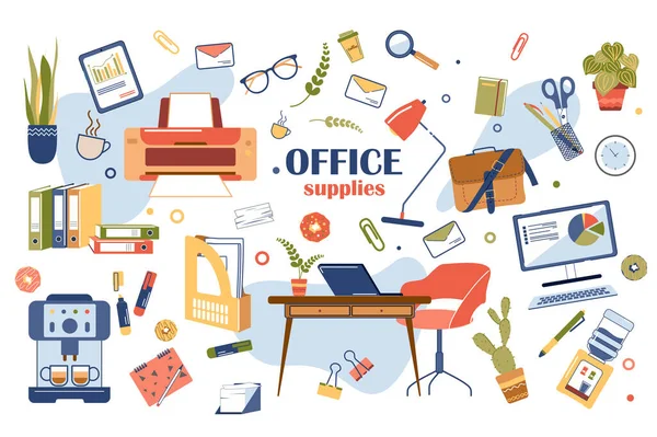 Ofis malzemeleri konsepti izole edildi. Masa, bilgisayar ya da dizüstü bilgisayar koleksiyonu, yazıcı, kahve makinesi, soğutucu, klasörlerdeki belgeler ve diğerleri. Düz çizgi film tasarımında vektör illüstrasyonu