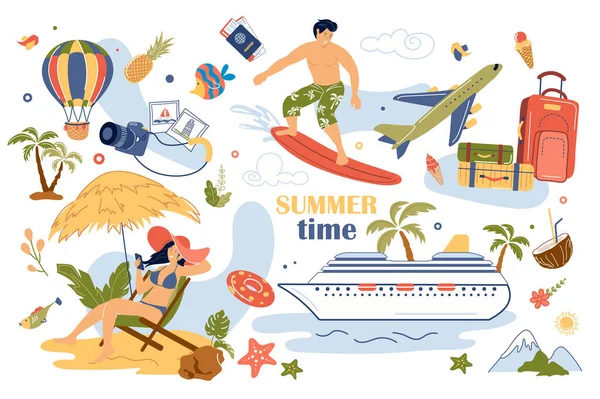 Summertime concept isolated elements set. Collection of man surfing, woman sunbathing on beach, jetliner, hot air balloon, flight and luggage and other. Vector illustration in flat cartoon design — Stock Vector