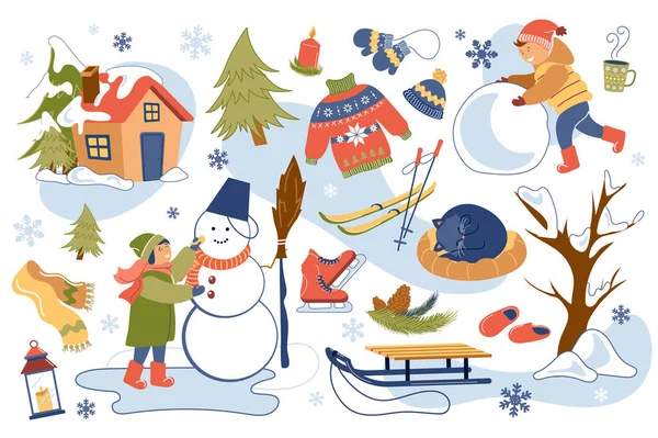 Concept de temps d'hiver éléments isolés ensemble. Collection de fille et garçon faire bonhomme de neige, ski et luge, vêtements chauds, maison confortable, chat endormi et d'autres. Illustration vectorielle en dessin animé plat — Image vectorielle