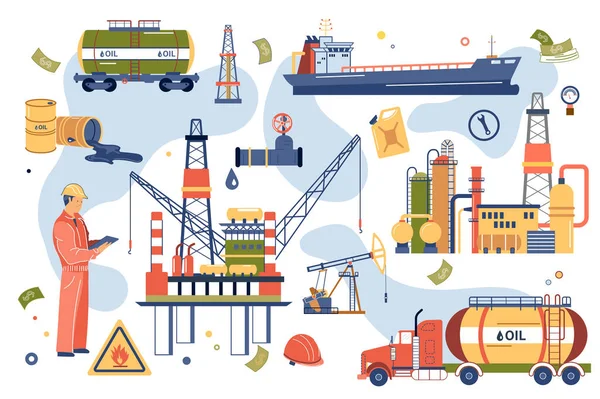 Olie-industrie concept geïsoleerde elementen ingesteld. Inzameling van mannelijke werknemers, winning en opslag van aardolieproducten, vervoer per tankschip en andere. Vector illustratie in platte cartoon ontwerp — Stockvector