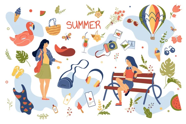 여름 개념은 고립된 요소들로 구성된다. 여름 옷을 입은 여성들 이 벤치에 앉아 걷거나 수영복을 입고 수영복, 사진 카메라, 아이스크림, 풍선등을 입고 있다. 평면 만화에 나오는 벡터 그림 — 스톡 벡터
