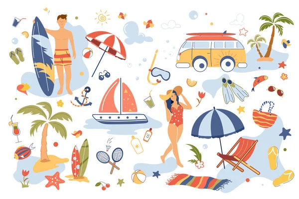 Concepto de vacaciones de verano conjunto de elementos aislados. Colección de mujer en traje de baño, surf hombre, coche, yate, isla tropical, tomar el sol, actividades y otros. Ilustración vectorial en diseño plano de dibujos animados — Vector de stock