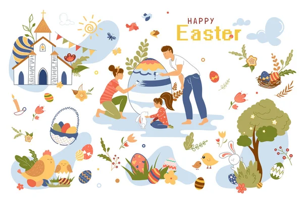 Happy Easter concept isolated elements set. Collection of family paints egg, girl plays with rabbit, chickens, church, religious spring holiday and other. Vector illustration in flat cartoon design — Stock Vector