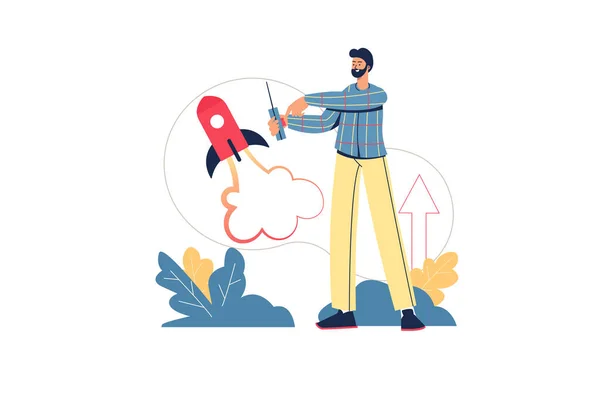 Creative startup web concept. Businessman launches new business project, development and profit growth, successful strategy, minimal people scene. Vector illustration in flat design for website — Vector de stock