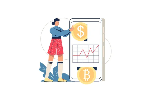 Cryptocurrency concetto di investimento web. Una donna investe nella crittografia, guadagna soldi digitali. Tecnologia Blockchain e bitcoin mineraria, scena persone minime. Illustrazione vettoriale in design piatto per il sito web — Vettoriale Stock