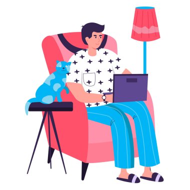 Ev ofisi konseptinde çalışan serbest çalışan biri. Dizüstü bilgisayarı olan bir adam sandalyede oturuyor. Serbest iş yeri, proje karakter sahnesinde uzaktan çalışma. Düz tasarımda insan etkinlikleriyle vektör illüstrasyonu