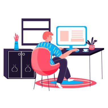 Ev ofis konseptinde çalışan bir adam. Freelancer masada oturan bir bilgisayarda çalışıyor. Serbest iş yeri, proje karakter sahnesinde uzaktan çalışma. Düz tasarımda insan etkinlikleriyle vektör illüstrasyonu
