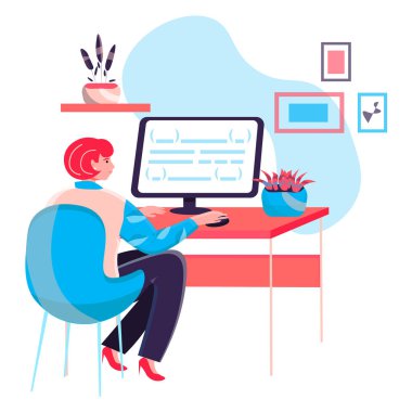Ofis konseptinde çalışan programcı. Kadın kod yazar, uygulamalar yaratır ve test eder. Yazılım ve program geliştirme, karakter sahnesi. Düz tasarımda insan etkinlikleriyle vektör illüstrasyonu