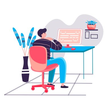 Ofis konseptinde çalışan programcı. İnsan kodlaması, senaryolar yaratmak ve test etmek. Yazılım ve programlar karakter geliştirme sahnesi. Düz tasarımda insan etkinlikleriyle vektör illüstrasyonu