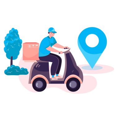 Teslimat hizmeti konsepti. Motosiklet taşıyıcılarının paket kutusundaki kurye müşterilerinin evine gidiyor. Ekspres nakliye, dağıtım, lojistik karakter sahnesi. Düz tasarımda insan etkinlikleriyle vektör illüstrasyonu