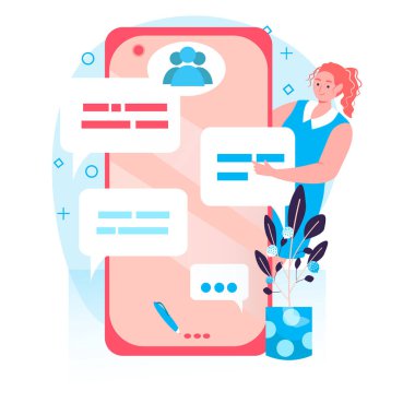 Social network concept. Woman chatting with friends using smartphones, browsing. Internet addiction and online communication character scene. Vector illustration in flat design with people activities