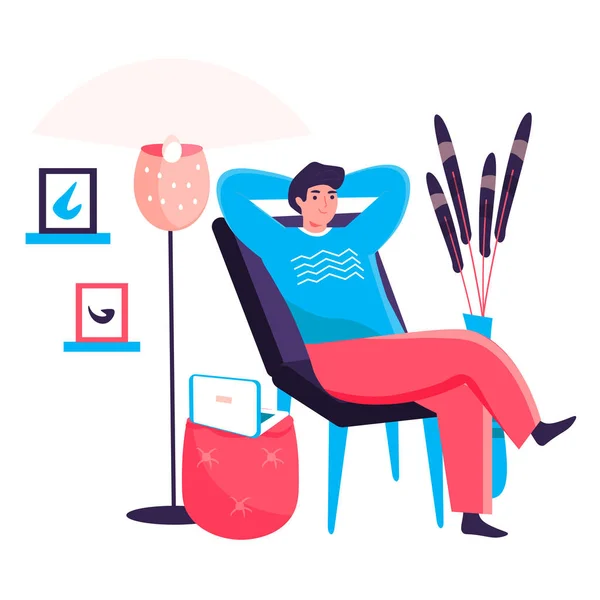 Homem a trabalhar no conceito de home office. Freelancer descansando apoiado de volta na cadeira. Local de trabalho independente, trabalho remoto na cena do personagem do projeto. Ilustração vetorial em design plano com atividades de pessoas — Vetor de Stock