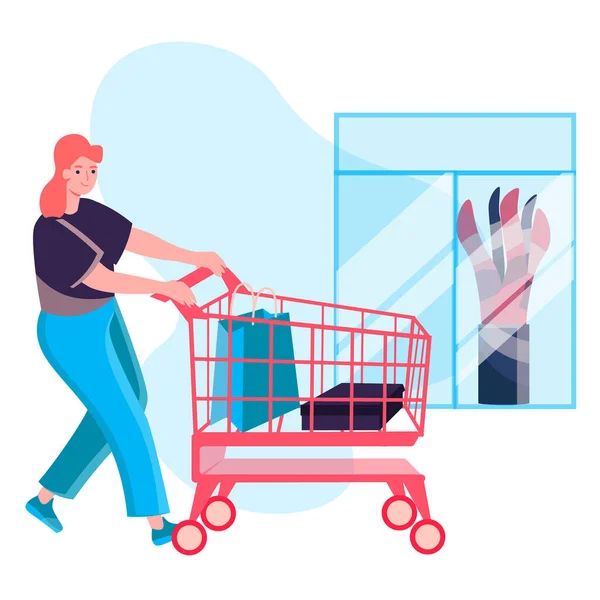 Conceito de mulher de compras. Cliente faz compras e carrega sacos no carrinho de compras na loja. Cliente em cena de personagem boutique shop. Ilustração vetorial em design plano com atividades de pessoas —  Vetores de Stock